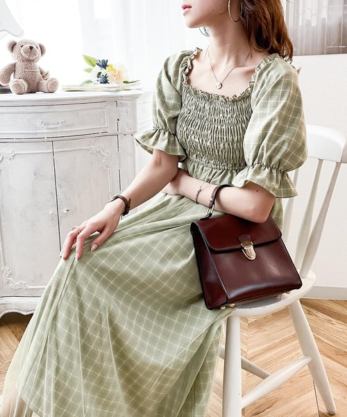 ルミニョン　レイヤードチェックベルトドレス　キャメル ルミニョン レイヤードチェックベルトドレス キャメル LUMIGNON