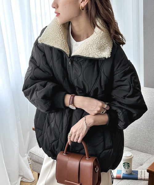 冬のときめきアウター。衿ボア中綿キルティングミリタリーブルゾン