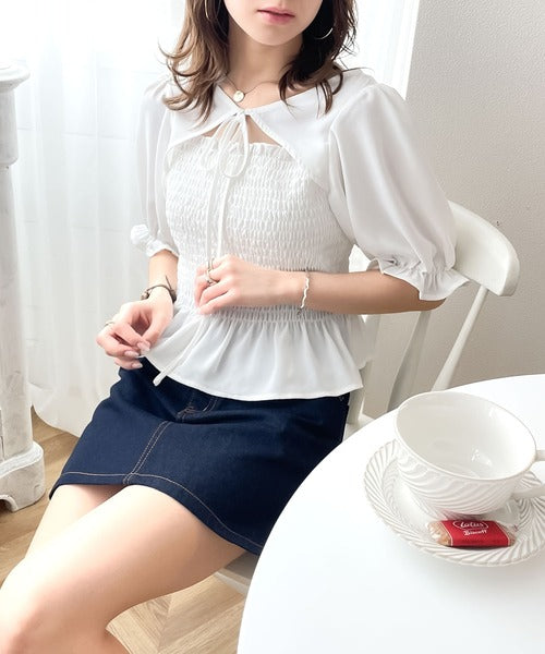 mily bilet】今っぽく着映え。2wayシャーリングフリルブラウス