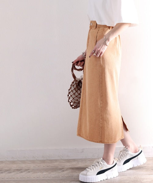 レトロカラーの魅力。綿100％、ヴィンテージ加工ナロースカート  