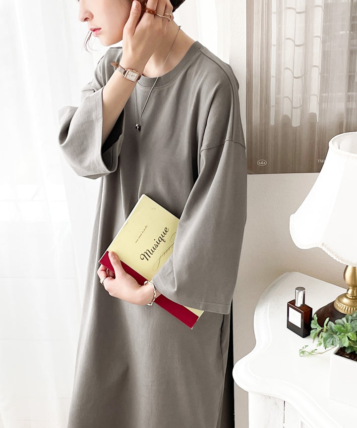 ポケット付きロング・マキシ丈ゆったりコットン(空紡糸)ワンピース clk