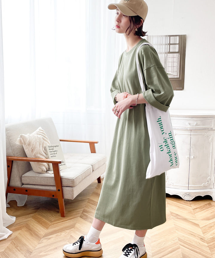 ポケット付きロング・マキシ丈ゆったりコットン(空紡糸)ワンピース clk