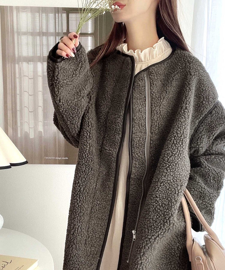 レザー調 無地ジップアップノーカラーパイピングミドルコート clf015