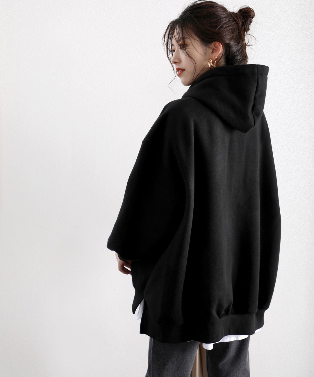 ビッグシルエット スリット入り裏起毛無地プルオーバーパーカー(長袖