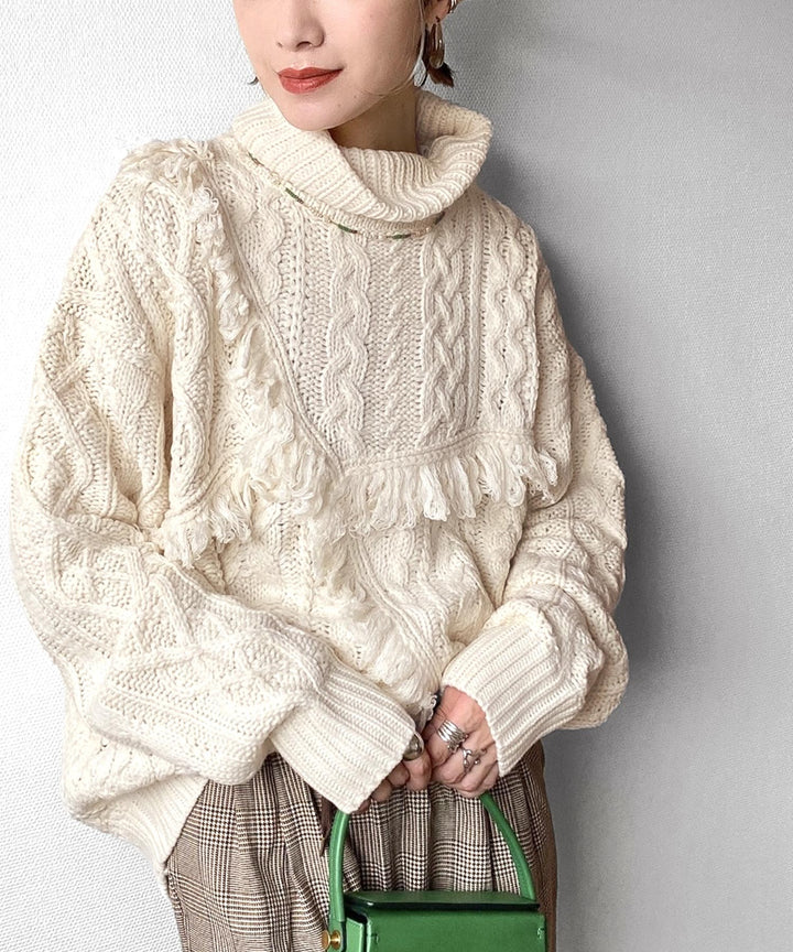 ☘️新品 アーリ EARIH ウール フリンジケーブル編みニット F ブラウン系 個性放つ1枚。フリンジ&ケーブル編みオーバーニット ce1050009