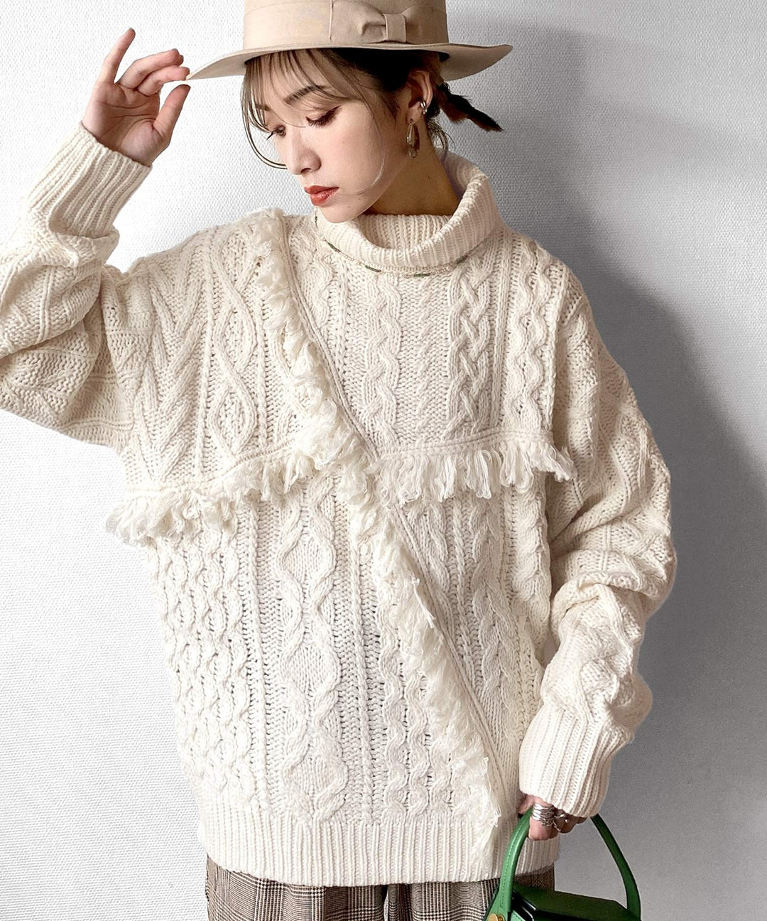 DRAWER ドゥロワー 16G エリ フリンジ ショート スリーブ ニット