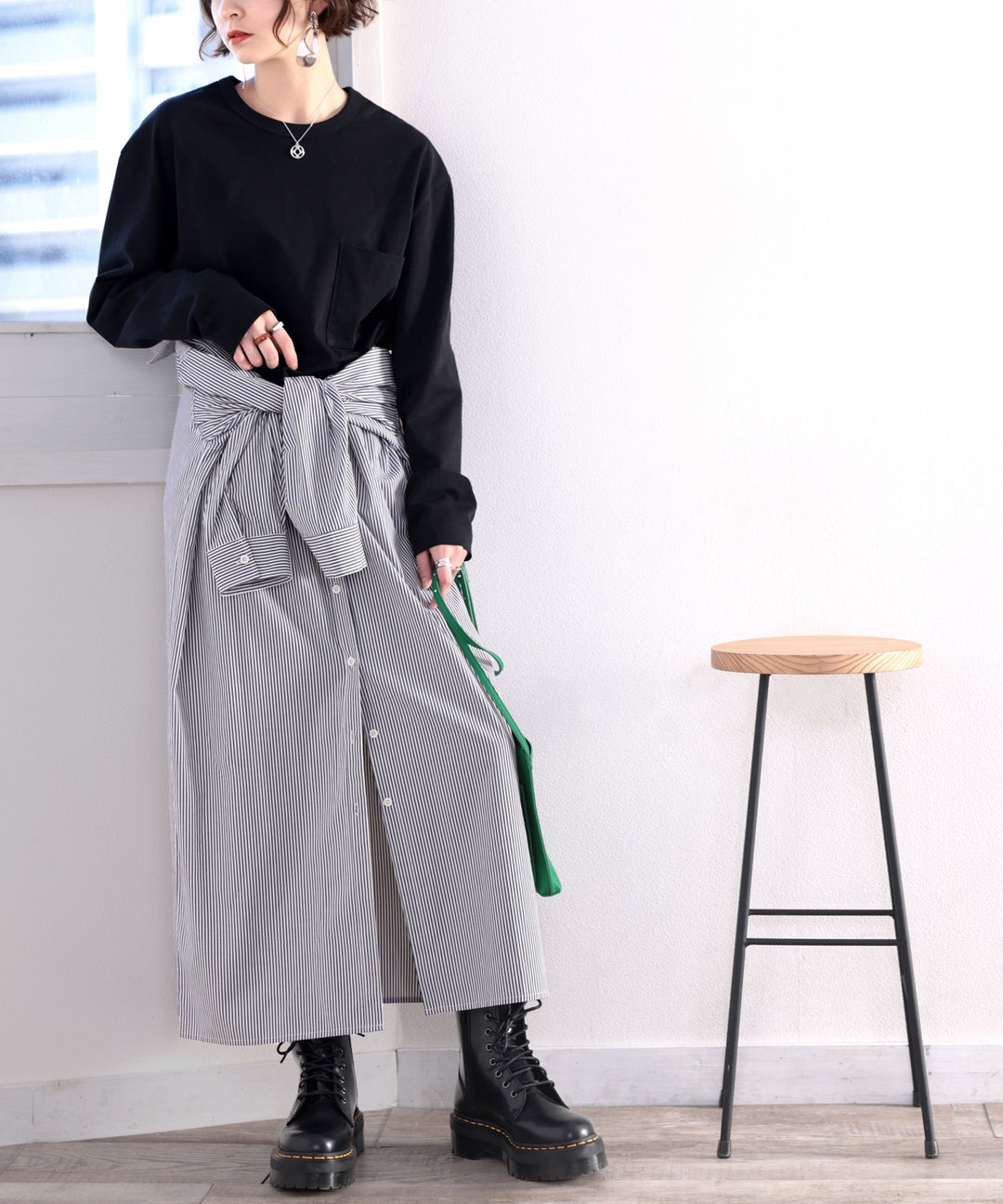 極美品　エブール　ebure ストライプ柄　ロングスリーブシャツ 今、ストライプが着たい！マルチwayストライプ柄ロングシャツ