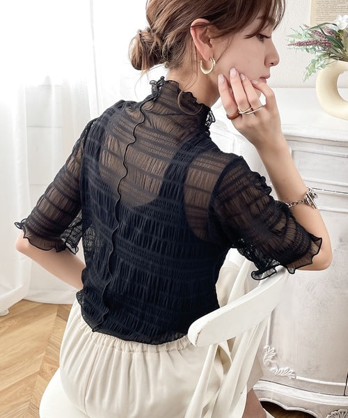 上級者魅え。2wayシャーリングシアーハイネックトップス(半袖
