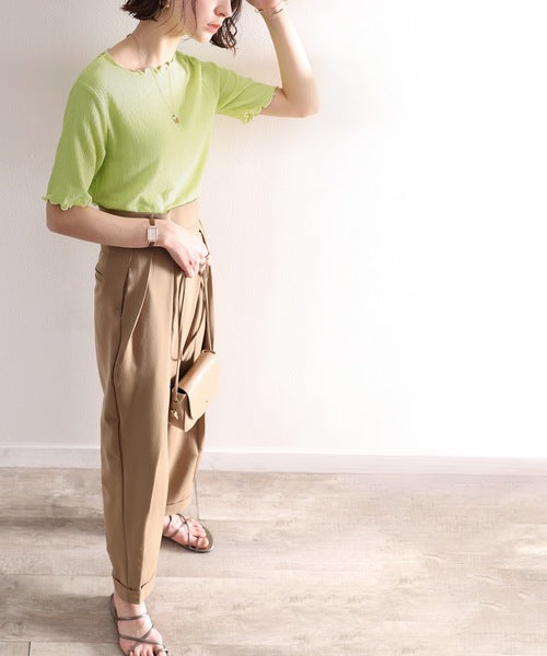 胸きゅん、褒められトップス。配色メロウ5分袖シャーリングトップス